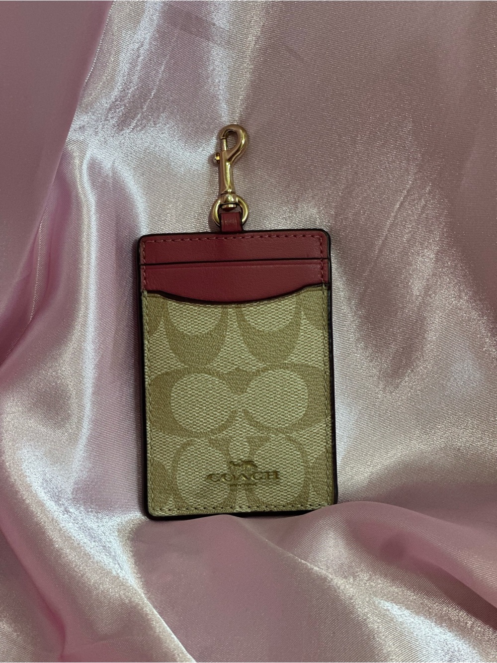 Coach Khaki Canvas ID Holder with Pink Trim and Gold Hardware
